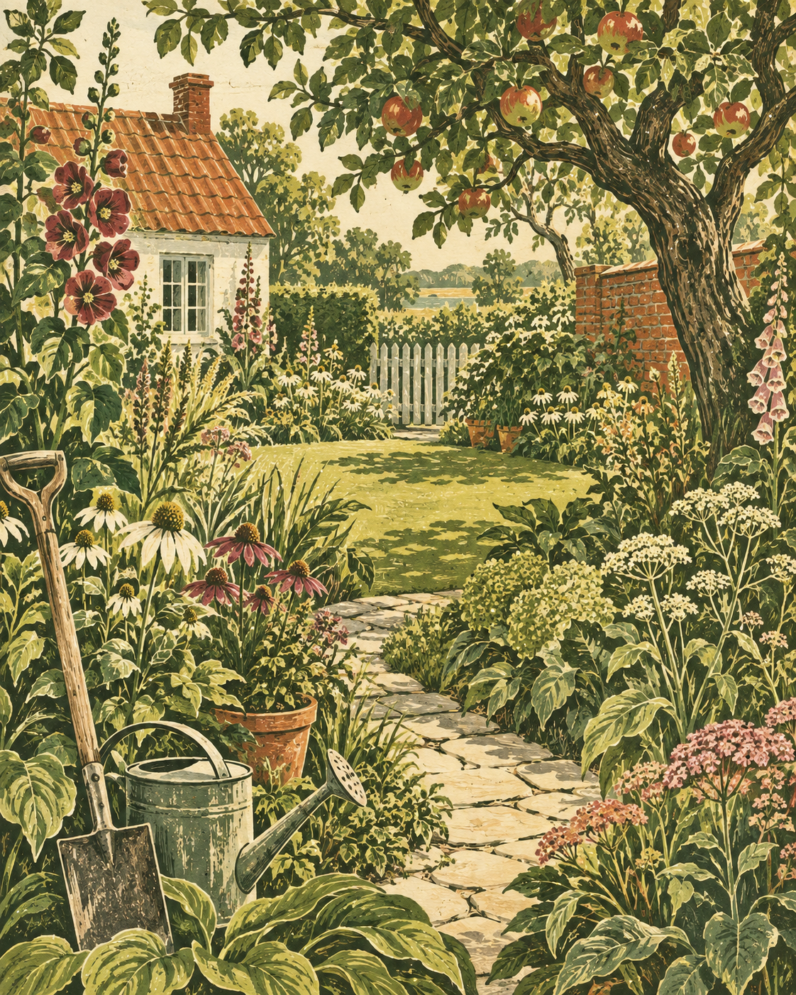 Original håndkoloreret linoleumstrykillustration af en have med blomster, æbletræ og haveredskaber